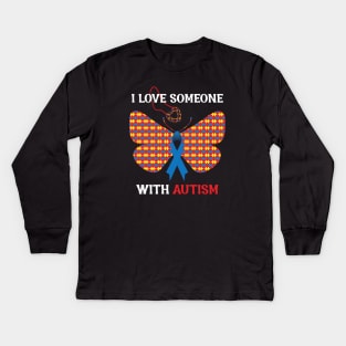 I Love Someone With Autism Puzzle Butterfly Ribbon Heart Kids Long Sleeve T-Shirt